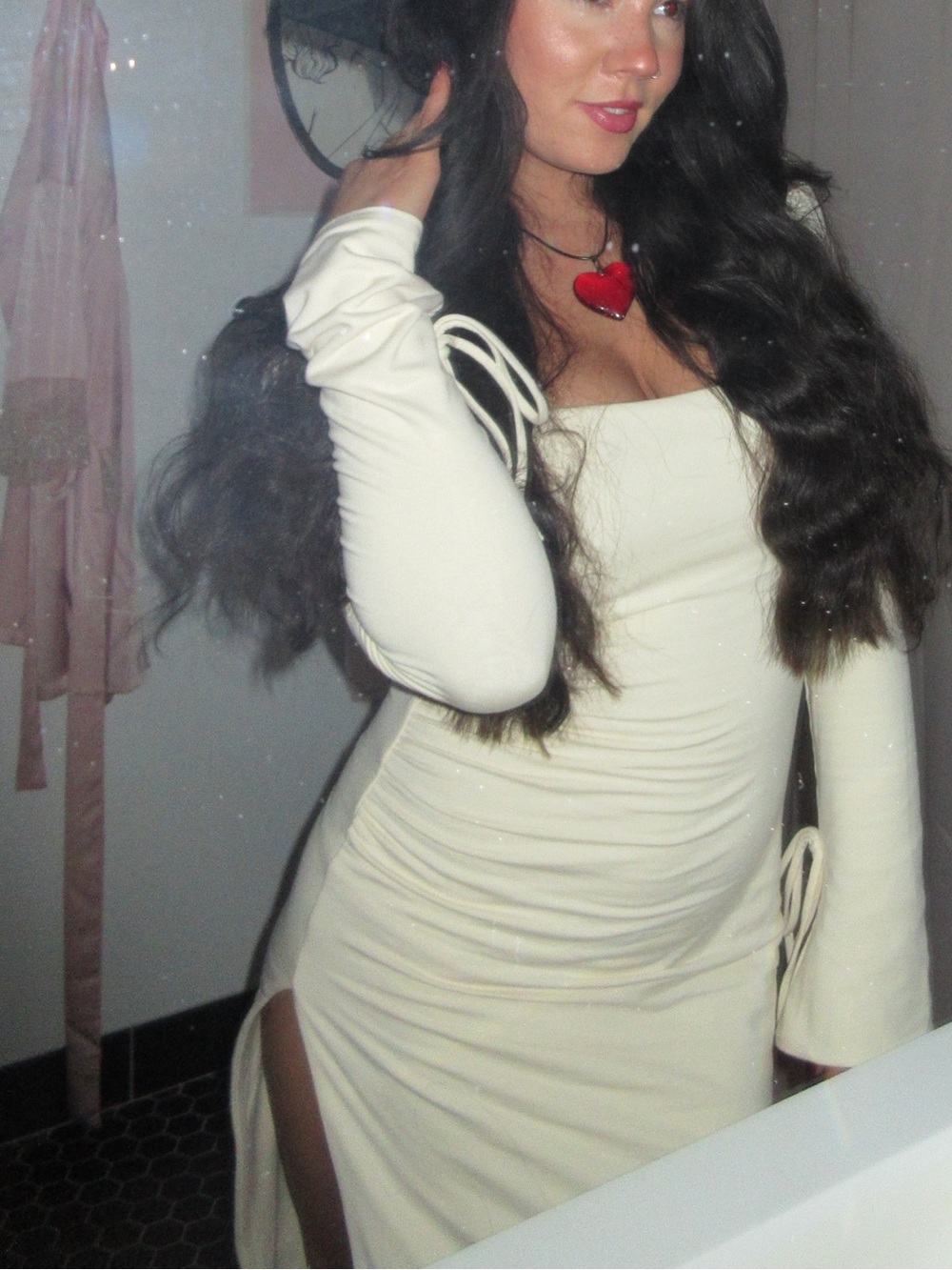 Oh Polly Cream Square-Neck Long Sleeve Slit Midi Dress
